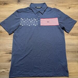 Travis Mathew Men's MEDIUM Navy Red White USA Flag Sea to Sea Polo Shirt